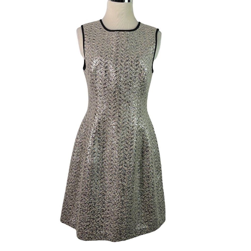 Shoshanna Dress Fit and Flare Retro SkaterJacquard Metallic Silver 4 Sleeveless
